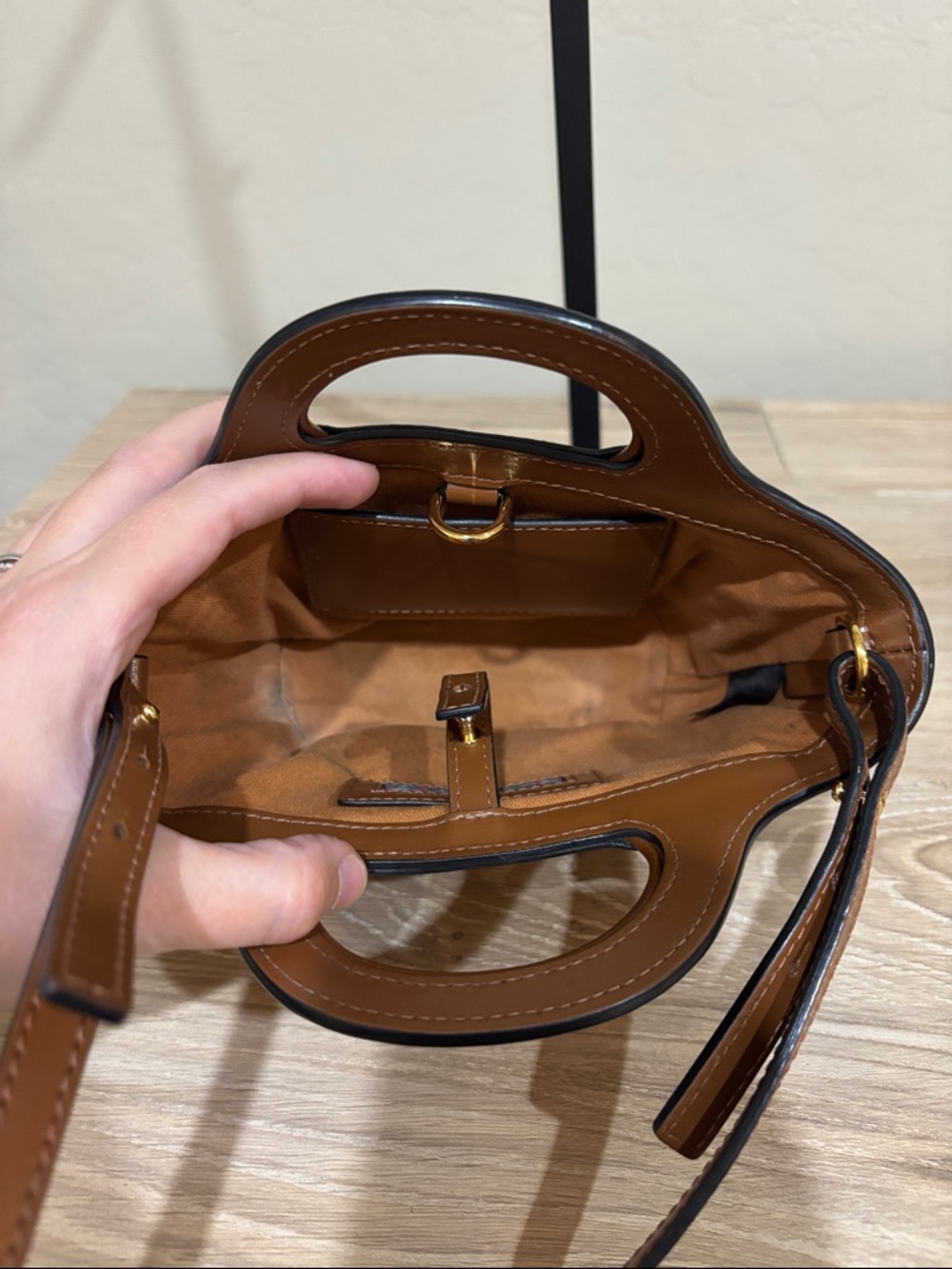 Marni Brown Leather & Straw Mini Tote with Black Logo - Picture 4 of 6